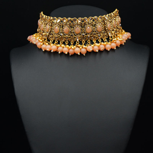 Ulka - Gold Diamante & Peach Choker Necklace Set - Gold