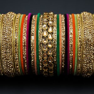 Nadra Gold Polki Stone/Multicolour Bangle Set -Antique Gold