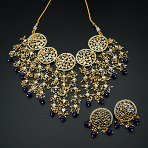 Malar White Kundan/ Navy Blue Beads Necklace Set - Gold