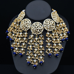 Malar White Kundan/ Navy Blue Beads Necklace Set - Gold