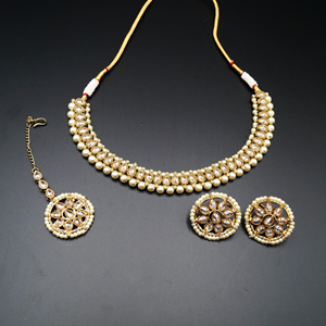 Banu Gold Polki/White Pearls Necklace Set - Antique Gold