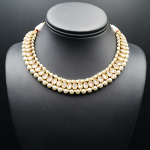 Banu Gold Polki/White Pearls Necklace Set - Antique Gold