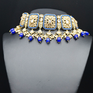 Oshin Gold Polki /Blue Beads Choker Necklace Set - Antique Gold