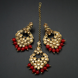 Salina Gold Polki & Red Beads Necklace Set - Antique Gold