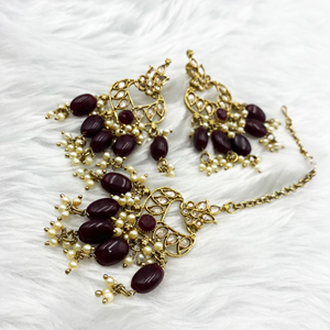 Gunjan Maroon Necklace Set - Antique Gold