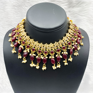 Gunjan Maroon Necklace Set - Antique Gold