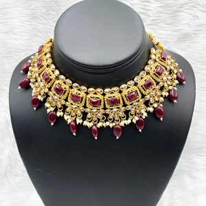 Sana Maroon Necklace Set - Antique Gold