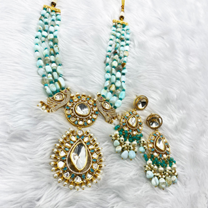 Vahi Glass Kundan Light Blue Necklace Set - Gold