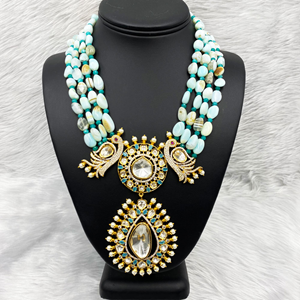 Vahi Glass Kundan Light Blue Necklace Set - Gold