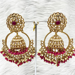 Kahr Polki Pink Jhumka Bali Earring Tikka Set - Antique Gold