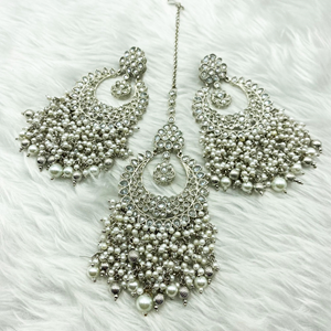 Jabi White Polki Stone Earring Tikka Set - Silver