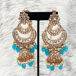 Jiwa Polki Light Blue Jhumka Earring Tikka Set - Rose Gold