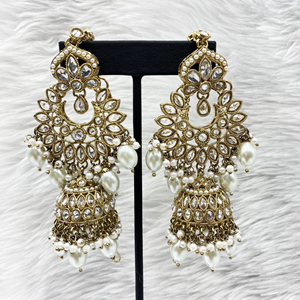 Ria White Polki Stone Jhumka Earring Tikka Set - Antique Gold