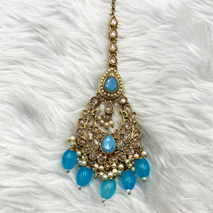 Heti Polki Light Blue Jhumka Earring Tikka Set - Antique Gold