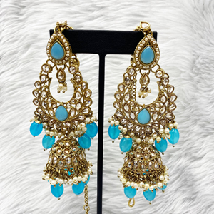 Heti Polki Light Blue Jhumka Earring Tikka Set - Antique Gold