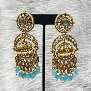 Lyna Polki Light Blue Jhumka Earring Tikka Set - Antique Gold