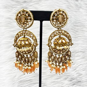 Lyna Polki Peach Jhumka Earring Tikka Set - Antique Gold