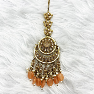 Lyna Polki Peach Jhumka Earring Tikka Set - Antique Gold