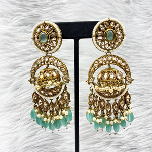 Lyna Polki Mint Jhumka Earring Tikka Set - Antique Gold