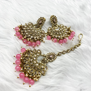 Gayan Polki Stone Baby Pink Necklace Set - Antique Gold