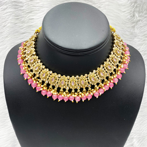 Gayan Polki Stone Baby Pink Necklace Set - Antique Gold