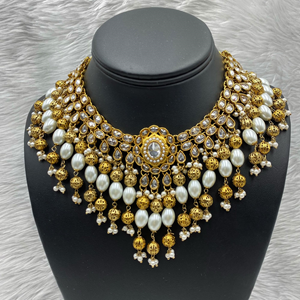 Pahi White Polki Stone Necklace Set - Antique Gold