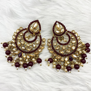 Gajal Maroon Earring Tikka Set - Antique Gold