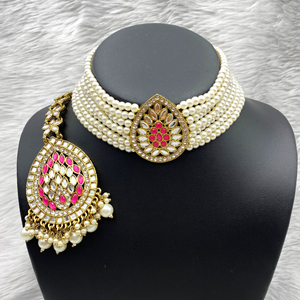 Milu Hot Pink Choker Necklace Set - Antique Gold