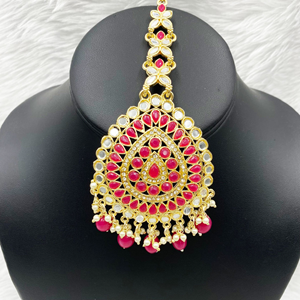 Geeti Hot Pink Mirror Earring & Oversized Tikka Set - Light Gold