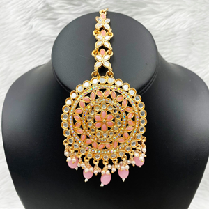 Pahal Baby Pink Mirror Earring & Oversized Tikka Set - Rose Gold