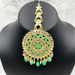 Pahal Pista Mirror Earring & Oversized Tikka Set - Light Gold