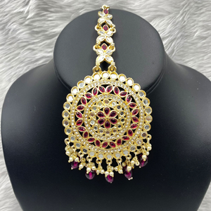 Pahal Purple Mirror Earring & Oversized Tikka Set - Light Gold