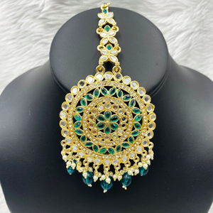 Pahal Peacock Mirror Earring & Oversized Tikka Set - Light Gold