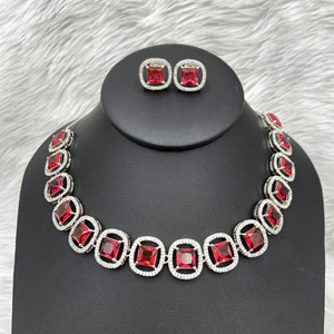 Aama Pink American Diamond Necklace Set - Silver