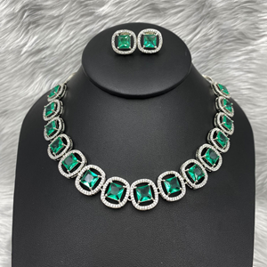 Aama Light Green American Diamond Necklace Set - Silver