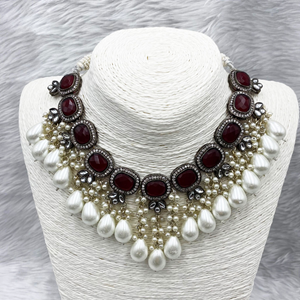 Kina Maroon Necklace Set - Gun Metal