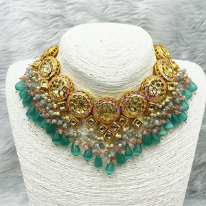 Vaak Regal Pista & Pink Kundan Necklace Set - Gold