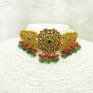 Kiko Regal Pink & Green Glass Kundan Choker Necklace Set - Gold