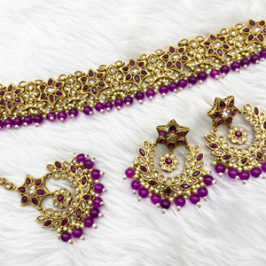 Anna Gold Polki Stone Purple Choker Necklace Set - Antique Gold