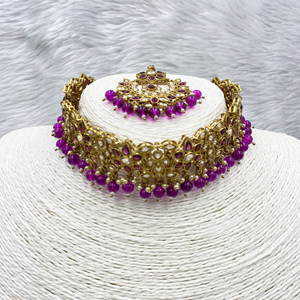 Anna Gold Polki Stone Purple Choker Necklace Set - Antique Gold