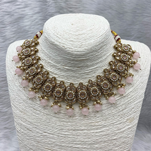 Tej Polki Stone Baby Pink Necklace Set - Antique Gold