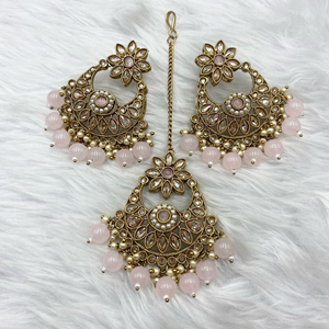 Tej Polki Stone Baby Pink Necklace Set - Antique Gold