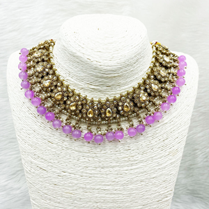 Arij Diamante Stone Lilac Necklace Set - Antique Gold