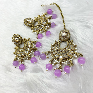 Arij Diamante Stone Lilac Necklace Set - Antique Gold