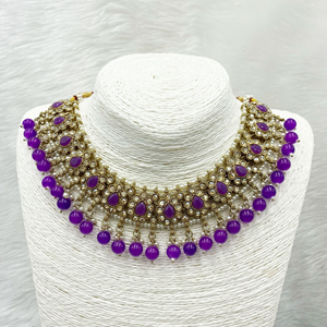 Arij Diamante Stone Purple Necklace Set - Antique Gold