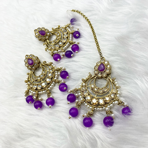 Arij Diamante Stone Purple Necklace Set - Antique Gold