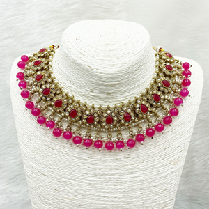 Arij Diamante Stone  Hot Pink Necklace Set - Antique Gold