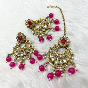 Arij Diamante Stone  Hot Pink Necklace Set - Antique Gold