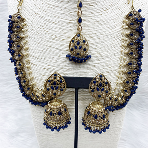 Tabu Navy Blue Polki Stone Sahara Earring Tikka Set - Antique Gold