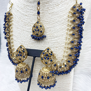 Tabu Navy Blue Polki Stone Sahara Earring Tikka Set - Antique Gold